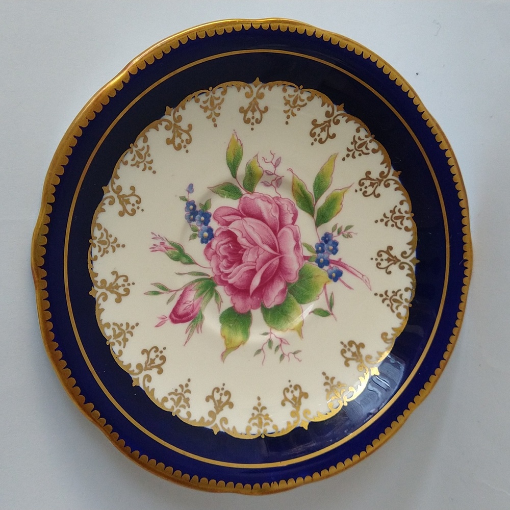 Aynsley Bone China Cobalt Blue & Gold Pink Cabbage Rose Teacup & Saucer C894 - Picture 4 of 7